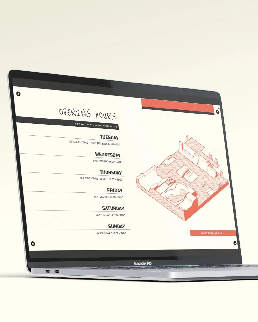 Laptop angled view showing Luleå Skatepark website’s opening hours page with isometric map, demonstrating modern layout and visual identity in responsive design.