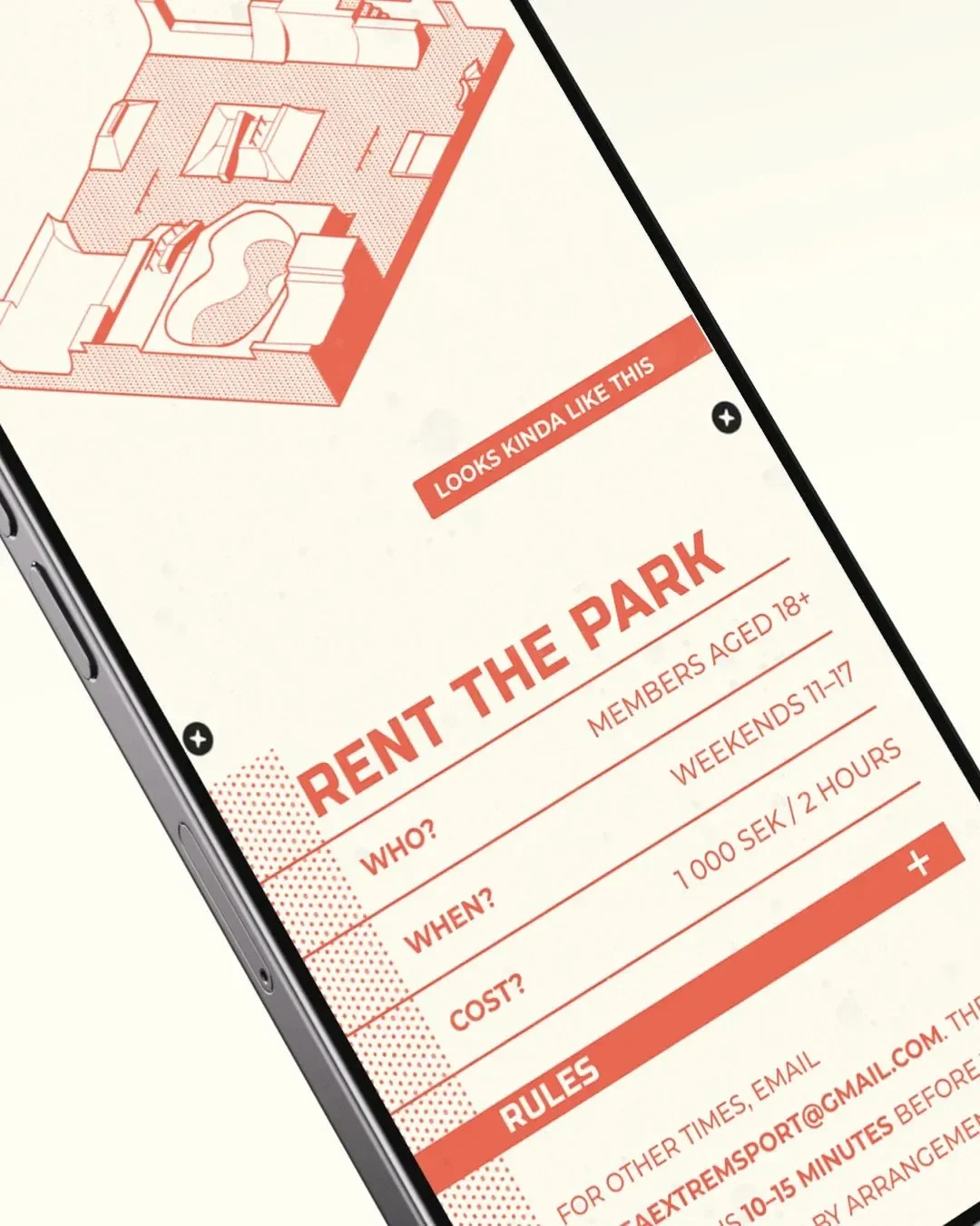 Mobile page view showing “Rent the Park” section with isometric skatepark illustration and booking details, emphasizing usability and clear information design.