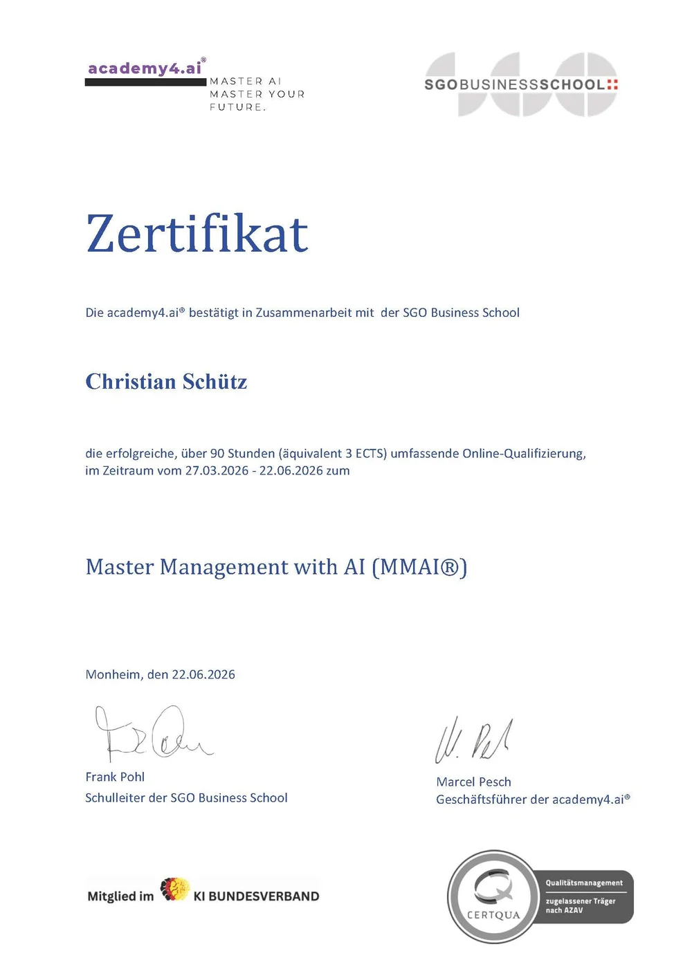 Zertifikat Master Management with AI, Seite 1