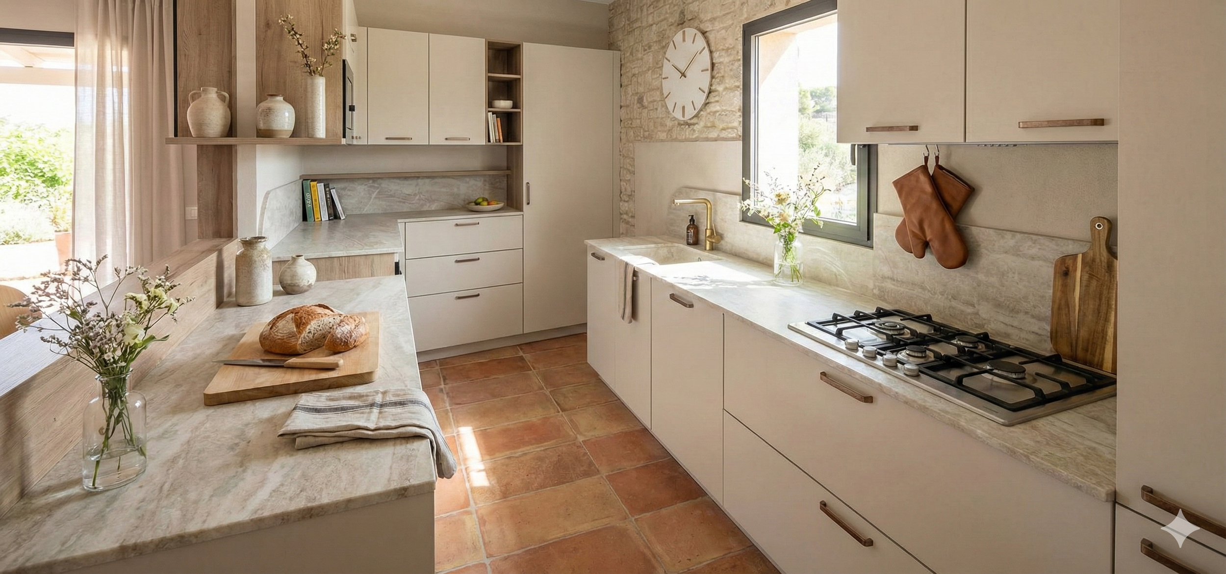 Cuisine moderne avec comptoir en pierre, armoires blanches, une fenêtre laissant entrer de la lumière naturelle, quelques ustensiles de cuisine en bois, une horloge murale, et des accessoires decoratifs comme des vases et des gants de cuisine en cuir