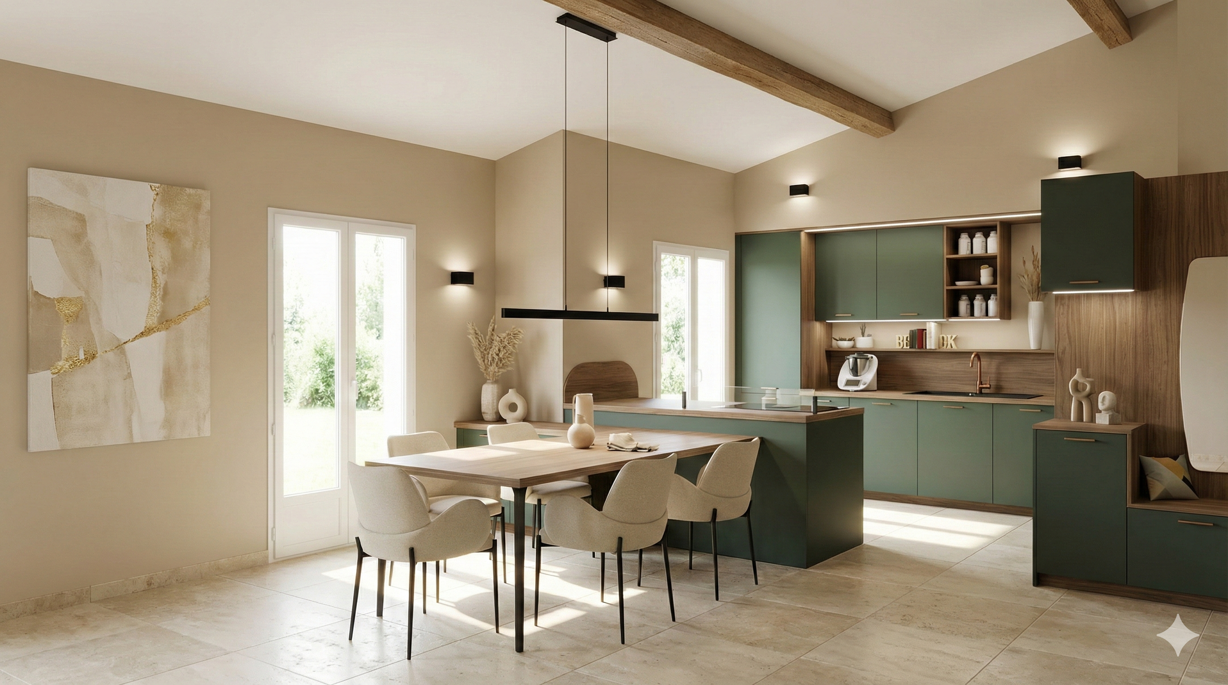 Cuisine moderne avec meubles verts et en bois, grande table en bois avec huit chaises crème, murs beiges, art abstrait au mur, grande fenêtre et porte-fenêtre laissant entrer la lumière, décoration minimaliste avec vases et livres, plafond avec poutr