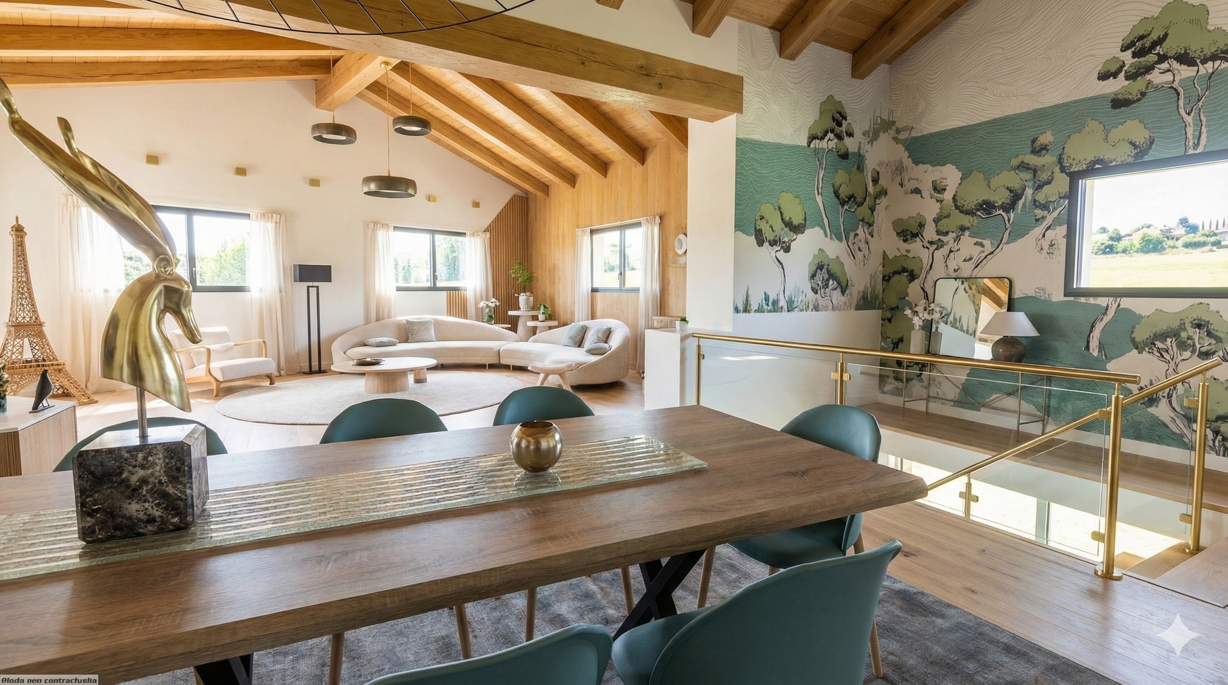 Intérieur moderne d'une maison avec plafond en bois, mur peint d'un paysage de forêt, meubles beige, table en bois et chaises vertes.