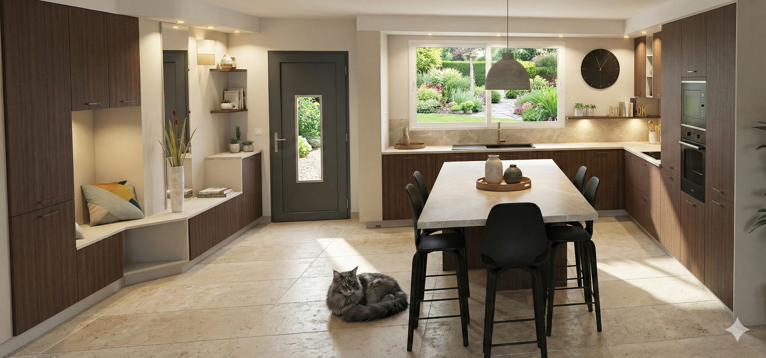 Cuisine moderne avec meubles en bois, grand îlot central avec quatre chaises noires, grande fenêtre donnant sur un jardin, horloge noire sur le mur, chat gris allongé sur le sol, décorations en céramique et plantes