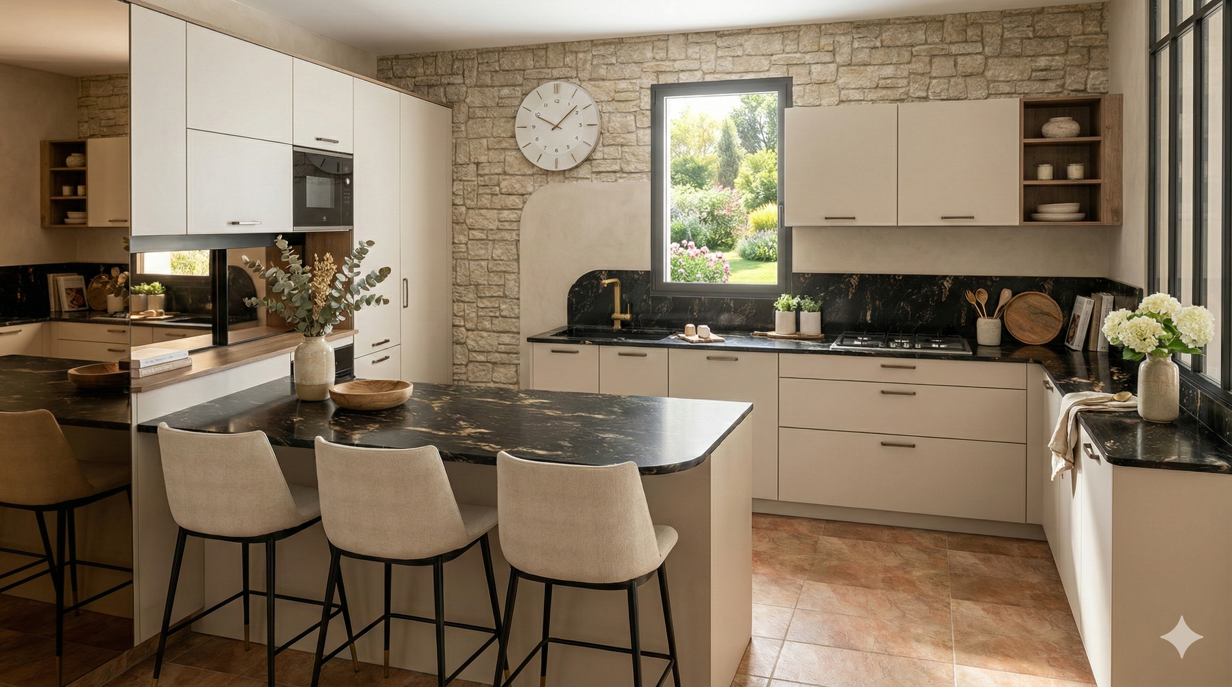 Cuisine moderne avec murs en pierre, comptoirs en marbre noir, armoires blanches, grand horloge murale, fenêtre donnant sur un jardin fleuri, table centrale avec chaises en tissu clair, vaisselle et décorations florales.