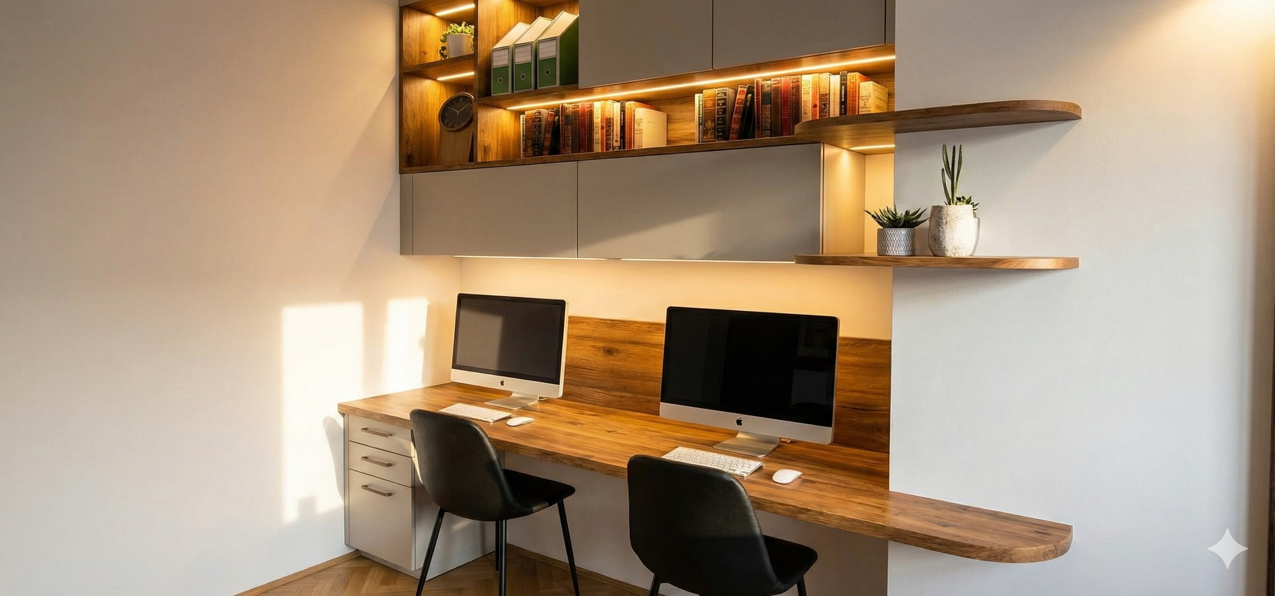 Création d'un espace bureau design et lumineux avec étagères sur mesure et décoration épurée par Andry Sadoule, décorateur d'intérieur à Alès et Uzès.