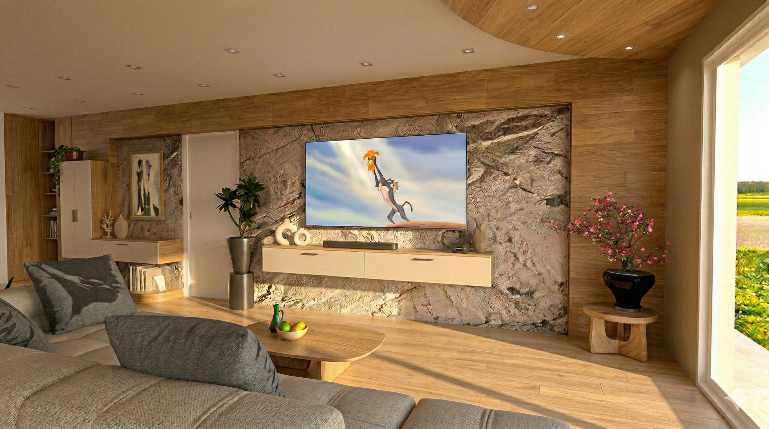 Aménagement d'un grand salon avec canapé courbe blanc, charpente en bois apparente et mur en pierre naturelle par Andry Sadoule, décorateur d'intérieur à Uzès.