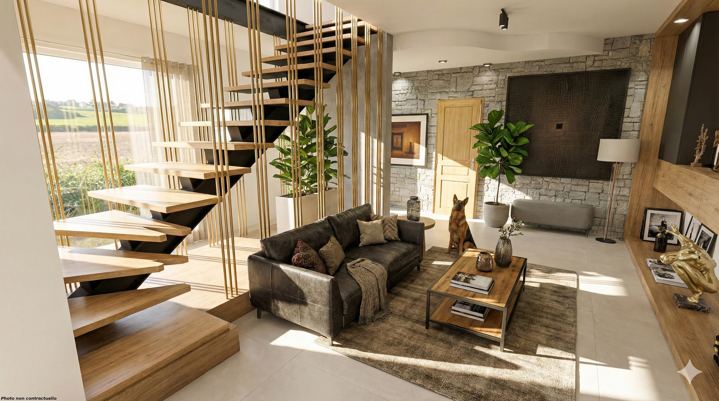 Intérieur moderne d'un salon avec canapé noir en cuir, table basse en bois, escalier en bois flottant avec rampe en métal doré, mur en pierre, deux grandes plantes, décoration élégante, chien assis sur le tapis, grande fenêtre laissant entrer la lumi