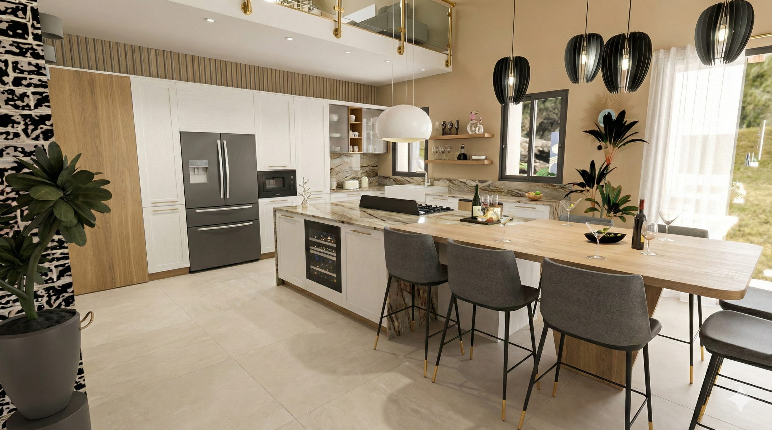 Cuisine moderne avec un plan de travail en marbre, une cuisinière à gaz, un réfrigérateur gris, des étagères en bois, un évier blanc, un éclairage suspendu noir et un grand tableau en bois. Un espace repas avec une grande table en bois, des chaises g