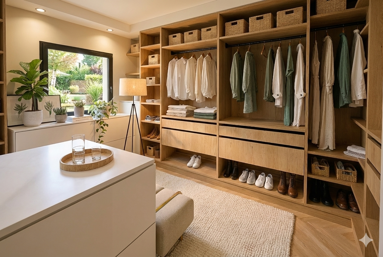 Une chambre avec une grande armoire en bois contenant des vêtements suspendus et des chaussures en dessous, une fenêtre offrant une vue sur un jardin, une plante verte à côté d'une lampe sur une commode blanche, et un tapis beige au sol.