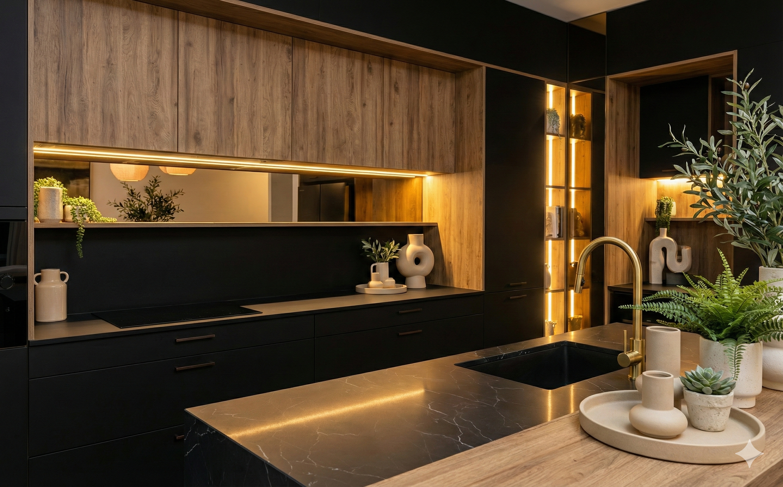 Cuisine moderne avec plan de travail en marbre noir, armoires en bois clair, accents en noir, plantes en pot, et éclairage chaleureux.