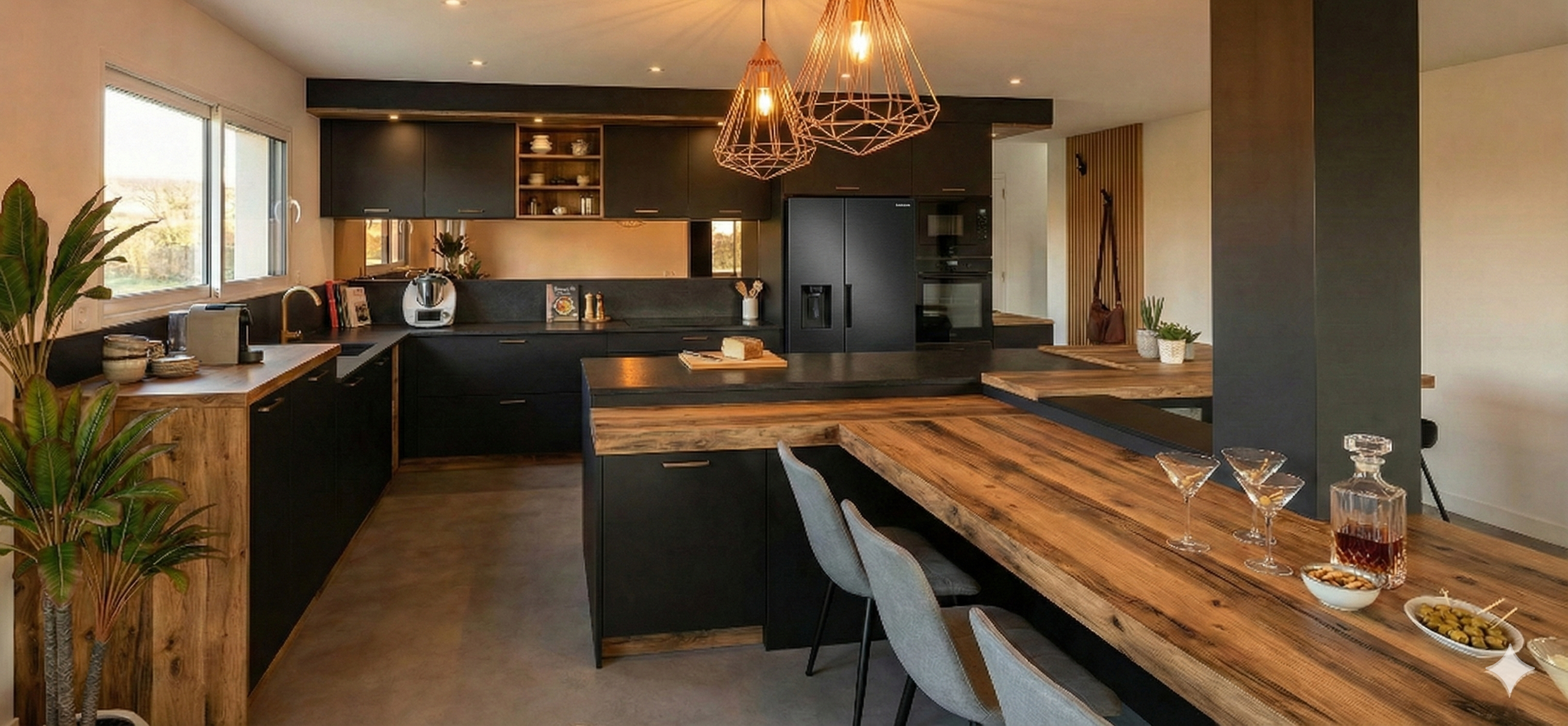 Cuisine avec plan de travail en bois, armoires noires, appareils électroménagers modernes, grande table en bois avec des trois chaises rembourrées, décorations végétales, suspension en métal avec ampoules nues, fenêtres avec vue extérieure