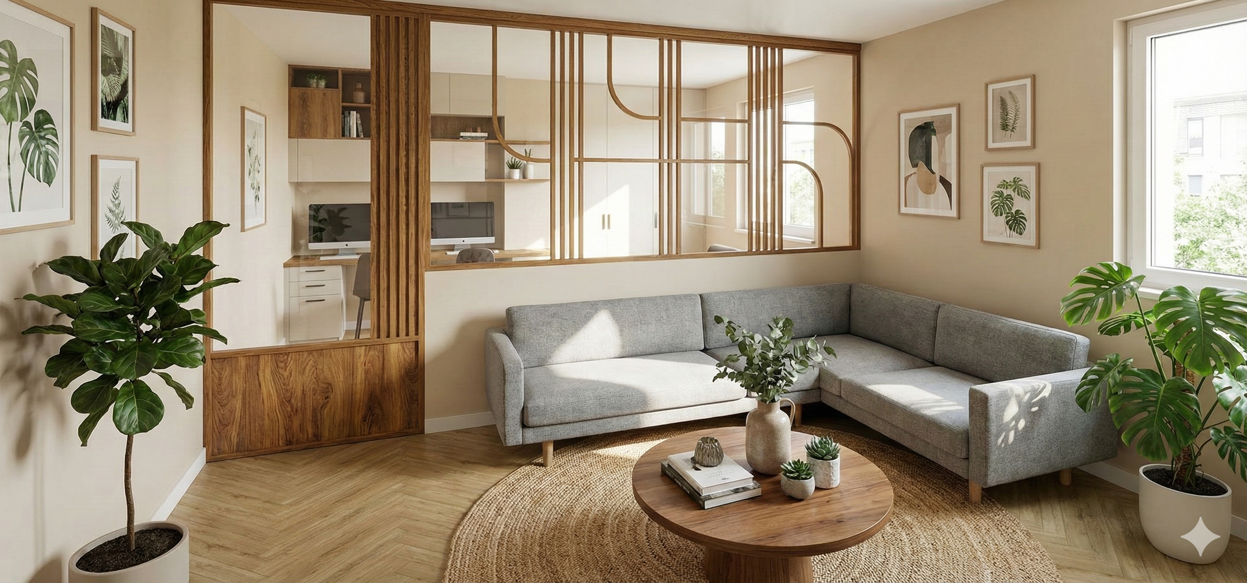 Salon contemporain avec verrière de séparation type atelier, mobilier design et décoration épurée conçu par Andry Sadoule, décorateur à Alès et Uzès.