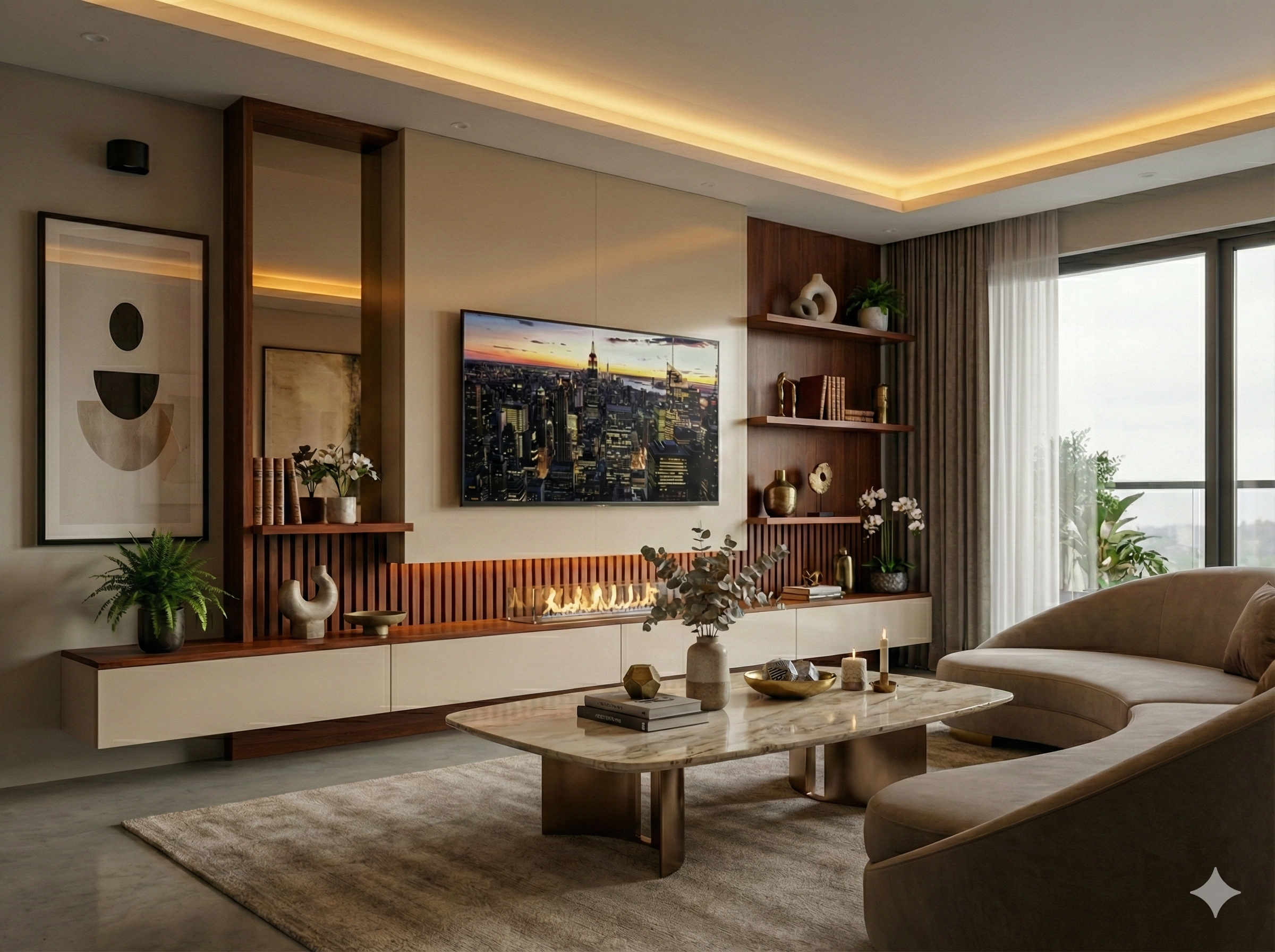 Salon moderne avec lit de cheminée, télévision, meubles en bois, plantes vertes, décoration élégante et grande fenêtre avec vue sur le balcon.