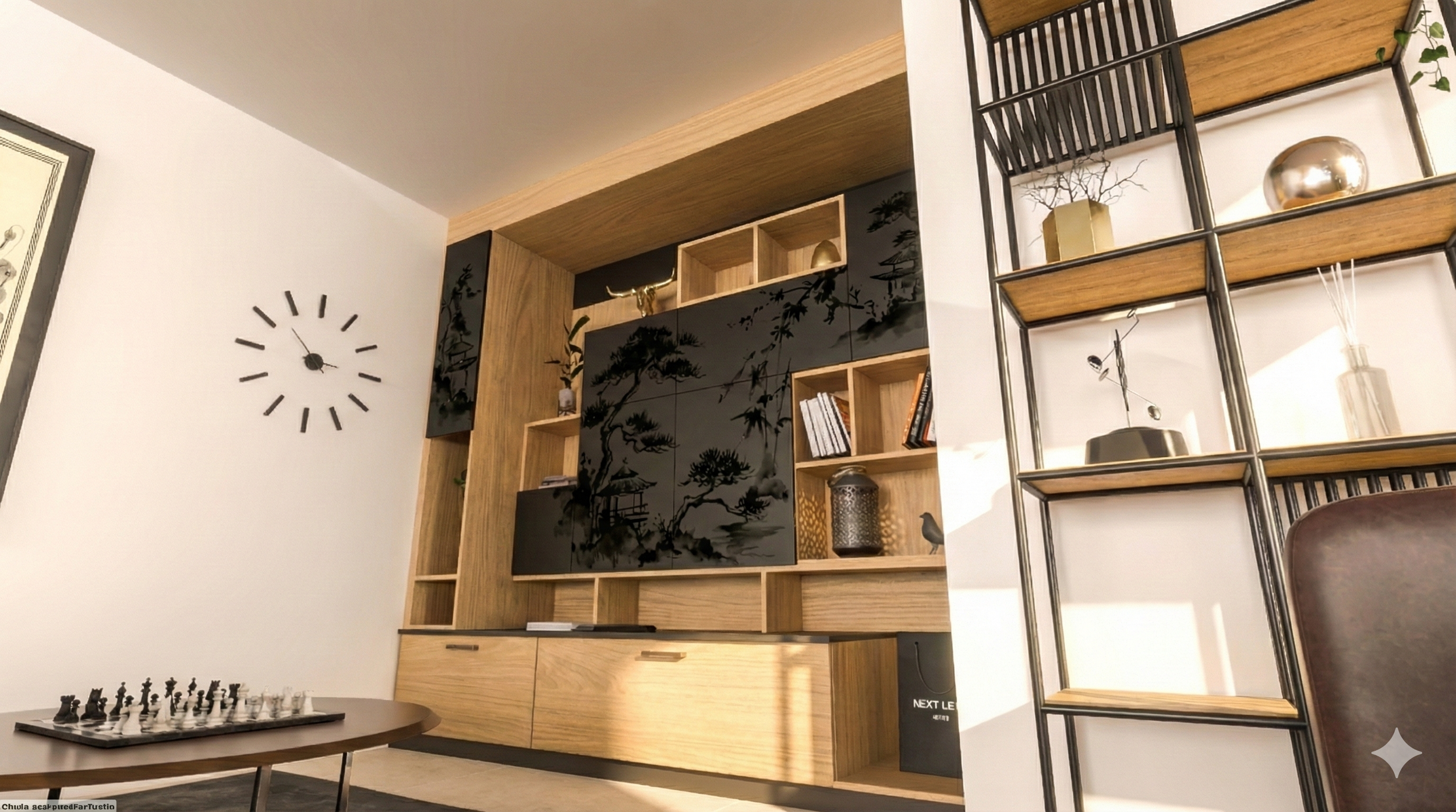 Salon moderne avec un mur en bois, étagères avec décorations, horloge murale noire, et plateau d'échecs sur une table