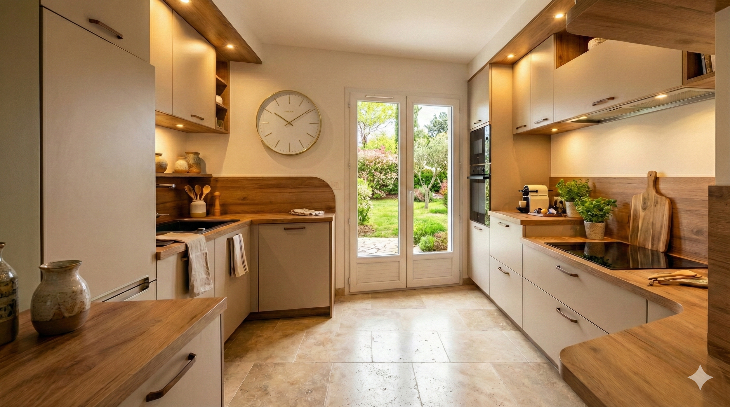 Cuisine moderne avec armoires blanches, comptoirs en bois, grande horloge murale, porte-fenêtre donnant sur un jardin verdoyant.