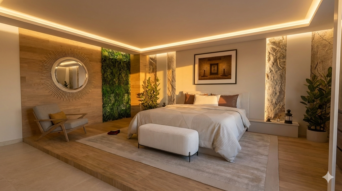 Chambre moderne avec lit king-size, fauteuil, miroir rond décoratif, plantes vertes, tableau et éclairage chaleureux.