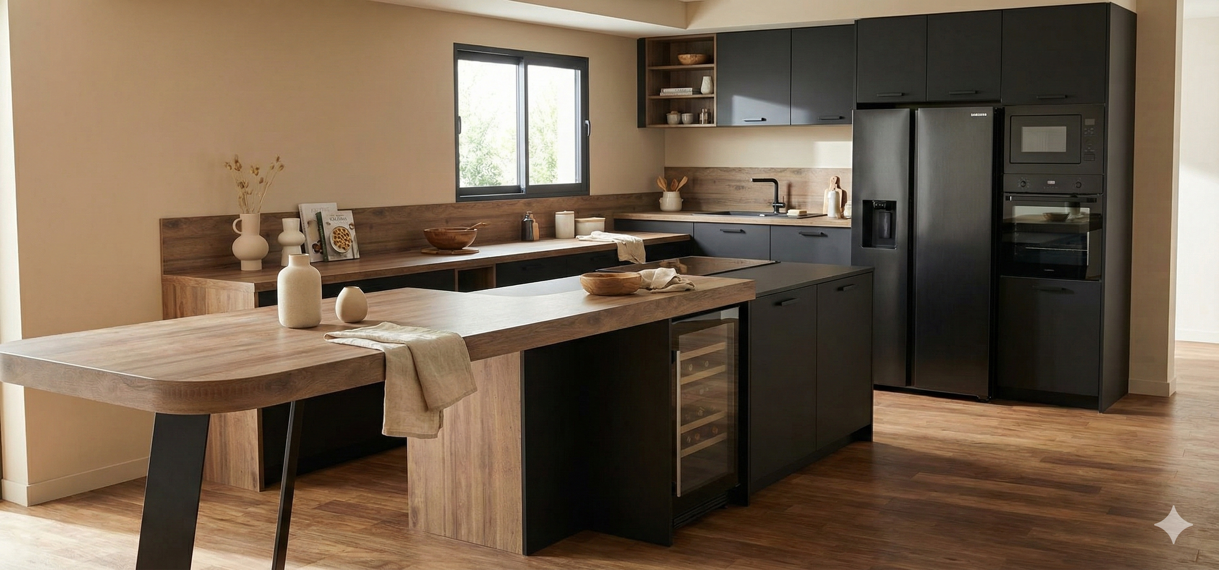 Cuisine moderne avec meubles noirs, plan de travail en bois, appareils intégrés, étagères ouvertes avec vaisselle, fenêtres laissant entrer la lumière naturelle.