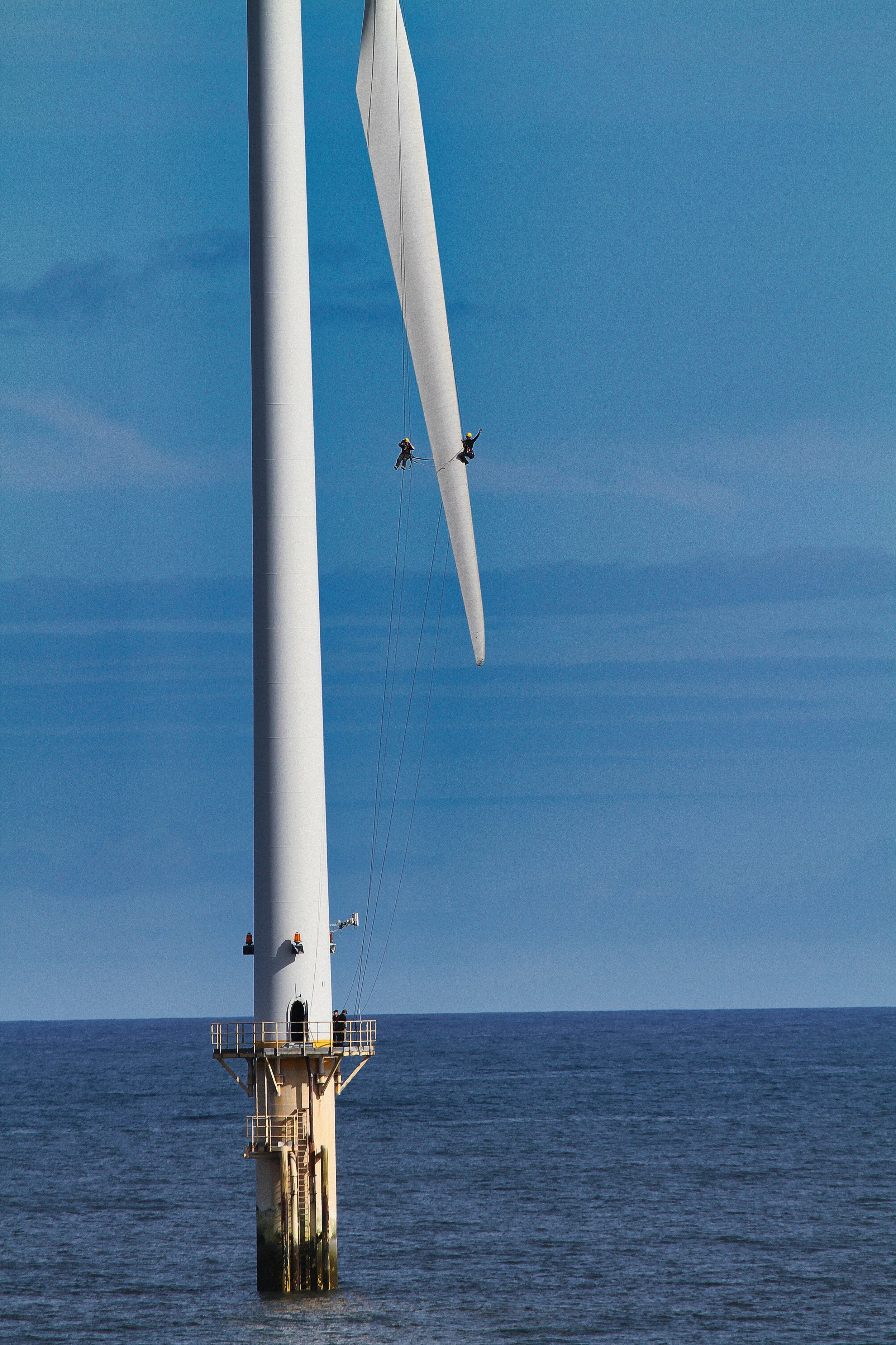 Workers performing maintenance on a tall wind turbine beside the ocean, with a blue sky background.