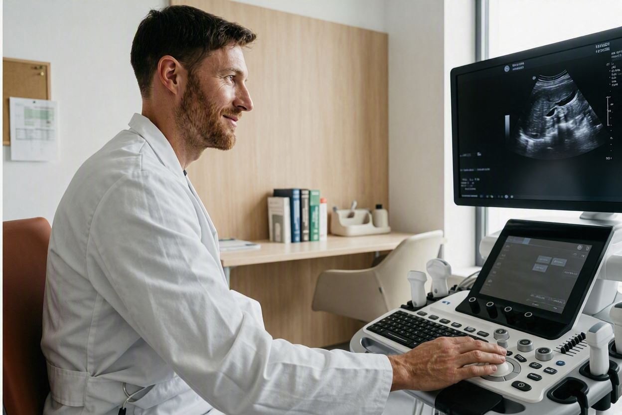 Der Arzt macht eine Ultraschalluntersuchung im Krankenhaus.
