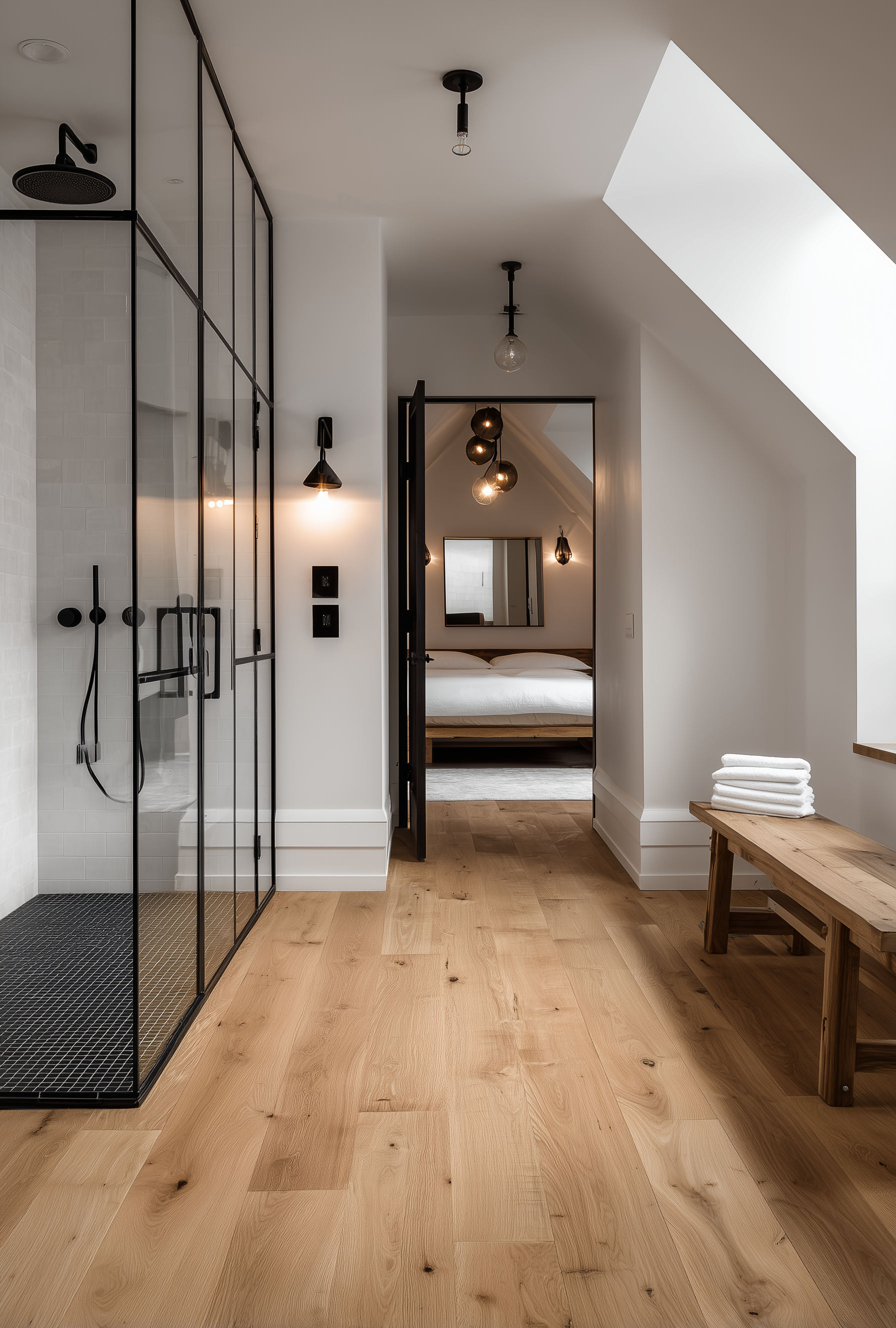 Innenansicht eines modernen, minimalistisch eingerichteten Hauses mit Holzfußboden, offener Duschbereich mit Glaswänden, Holzbank mit Handtüchern und Schlafzimmer im Hintergrund.
