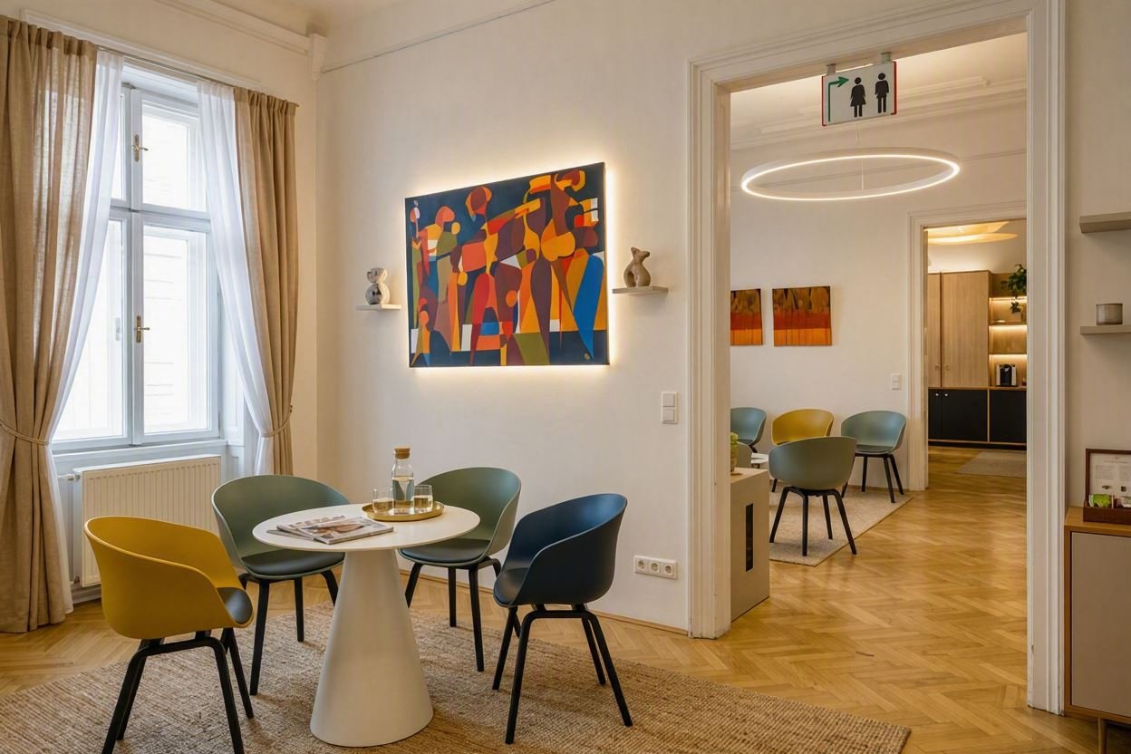 Ein gemütlicher Raum mit einem runden Esstisch und bunten Stühlen, einem großen Fenster mit beigefarbenen Vorhängen, Wanddekorationen und einer modernen Raumgestaltung.