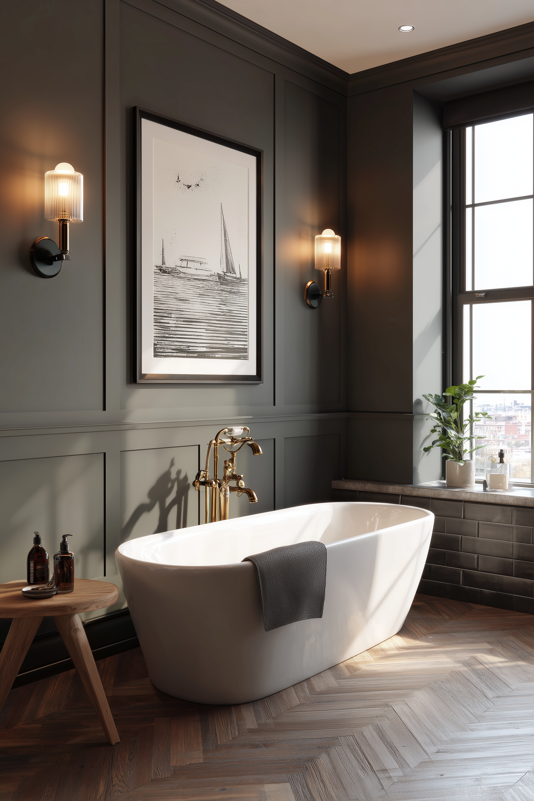 Modernes Badezimmer mit freistehender Badewanne, Holzfußboden, Wandlampen, Wandkunst und Fenster mit Stadtblick.