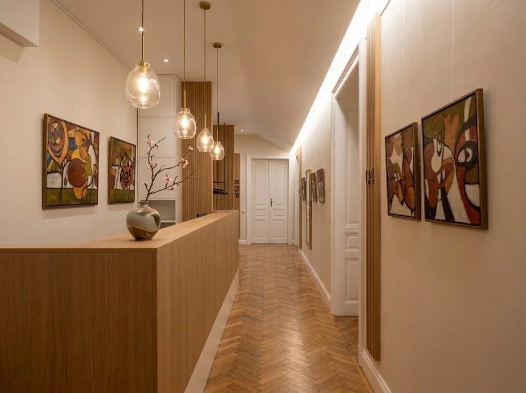 Ein moderner Flur mit Holzfußboden, Wandbildern und einer Glasleuchte, dekoriert mit einem Vase mit Kirschblüten.
