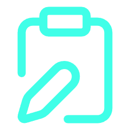 Outline icon of a clipboard with a pencil in the center.
