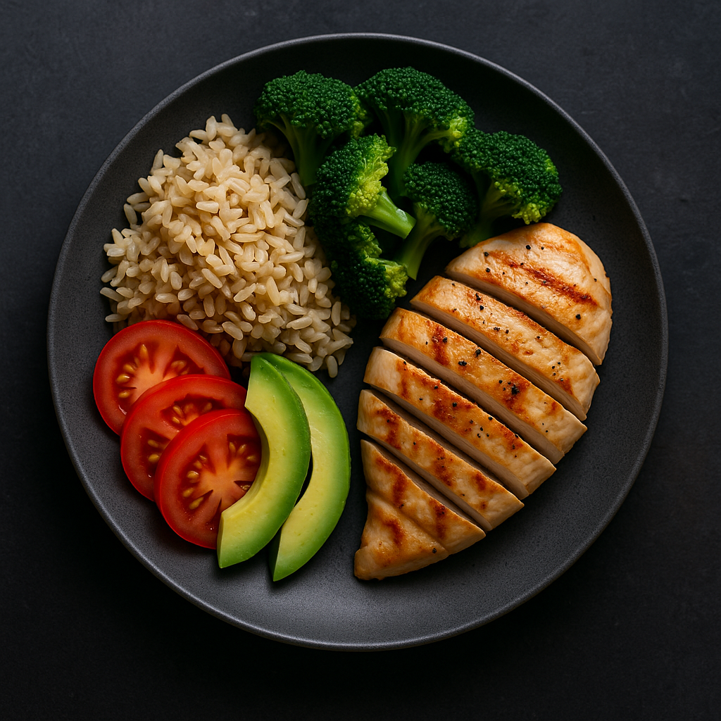 Grilled chicken breast with rice, broccoli, tomato slices, and avocado on a black plate.