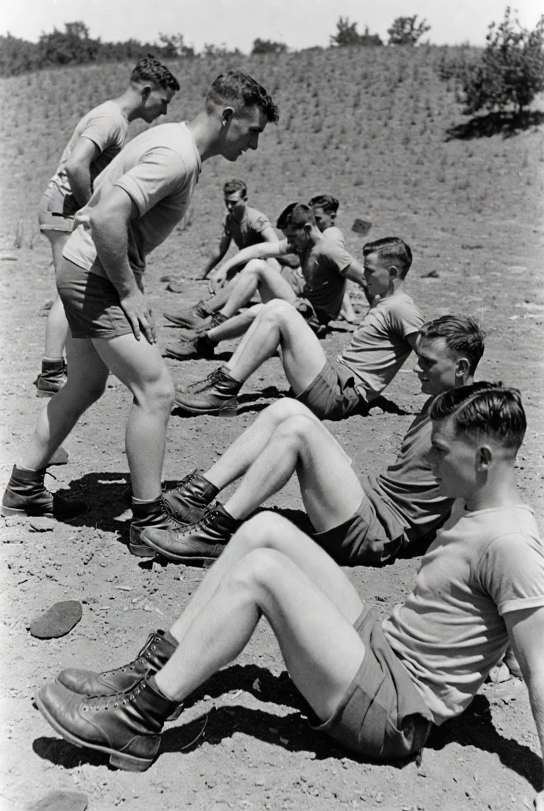 WW2 Soldiers training in calisthenics for combat conditioning