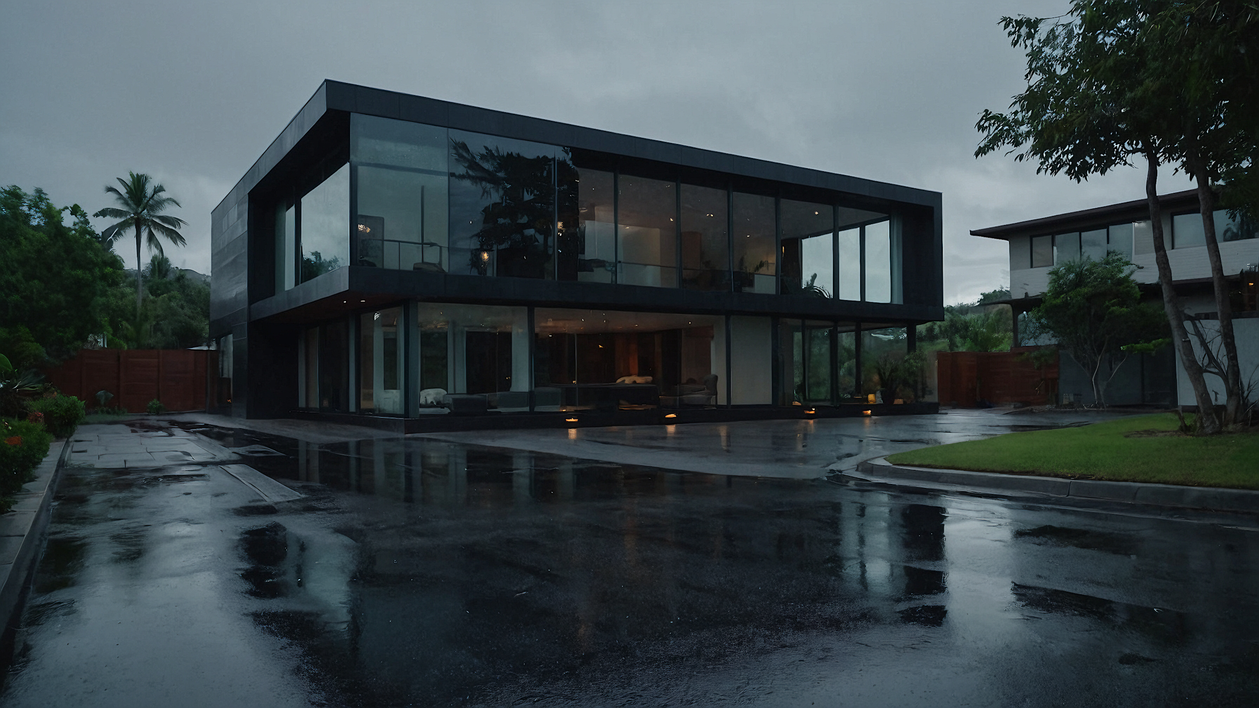 Modern two-story house with large glass windows, wet driveway, and garden trees, during overcast weather at dusk or dawn.