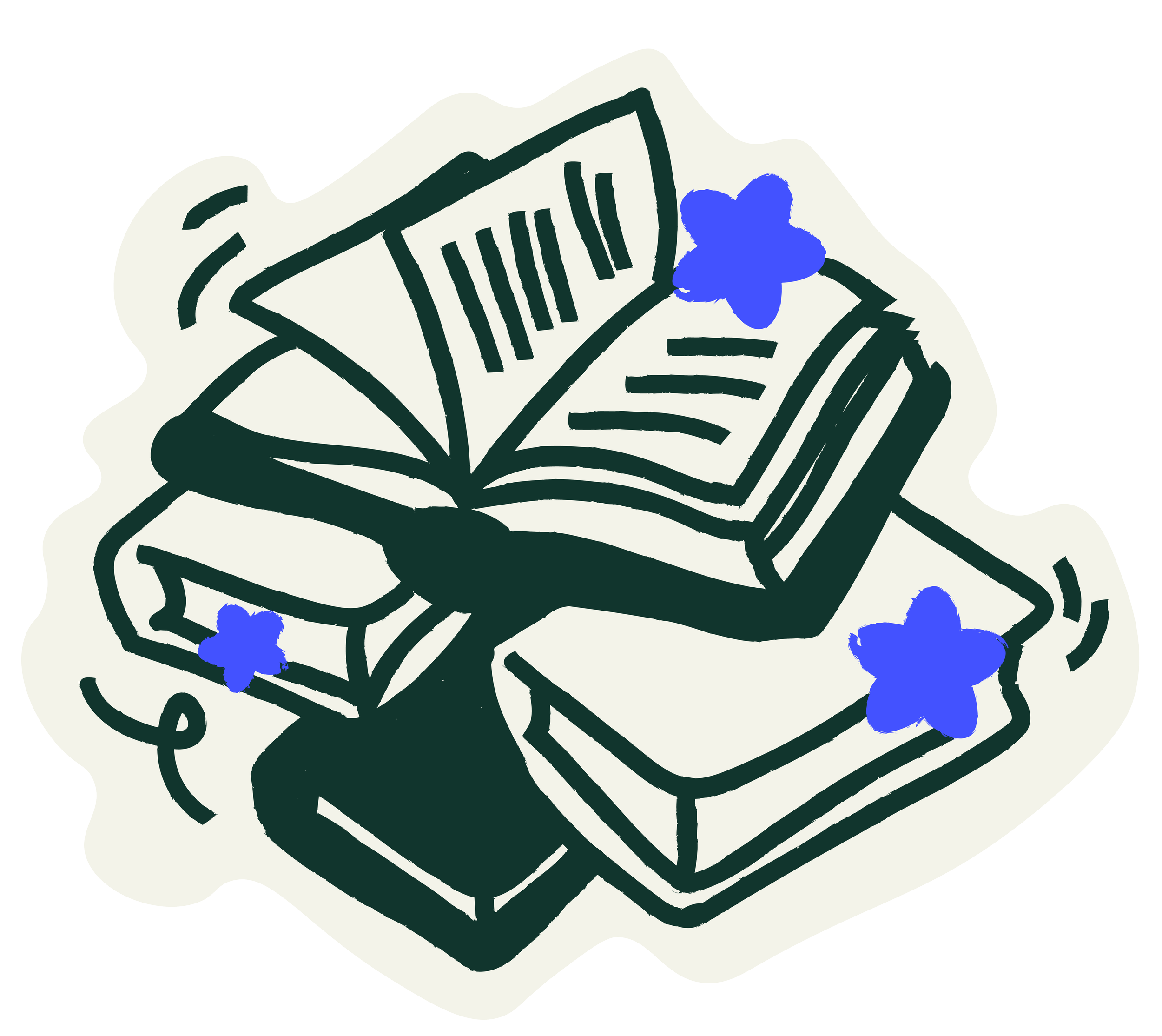 White-outlined stack of black-outlined books with open book on top, lines on pages. Blue stars scattered. Symbolizes learning mental health terms.