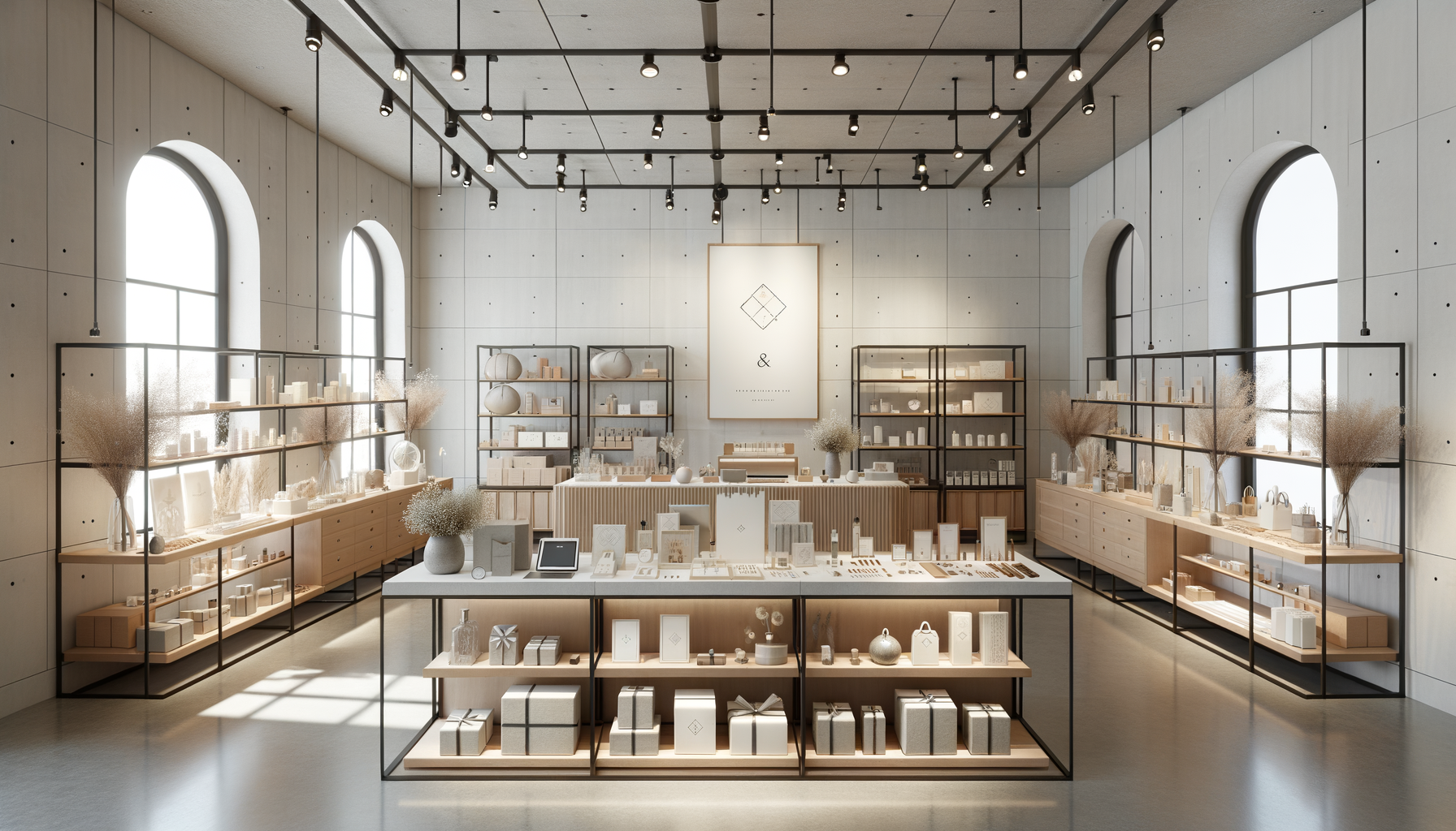 Minimalist retail store interior with light wood and black metal shelving, displaying various white and neutral-toned products, decorative vases, and gift boxes in a bright space with large arched windows and track lighting.