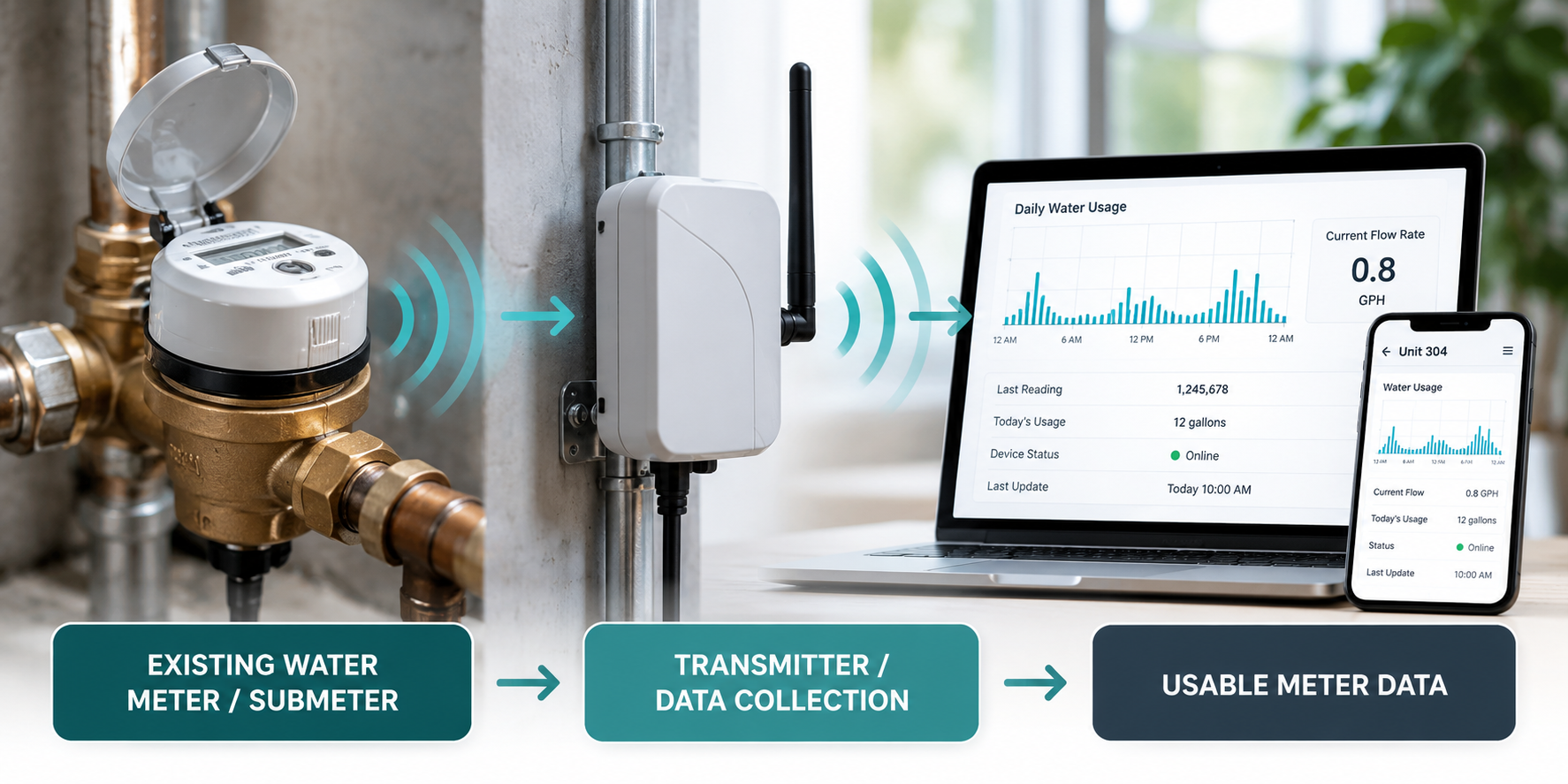 Existing multifamily water submeter connected through a transmitter to digital meter data for water usage monitoring.