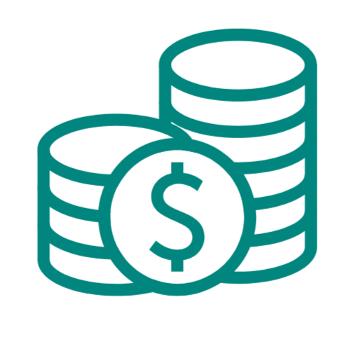 Icon of stacked coins with a dollar sign in front, representing money or financial concepts.