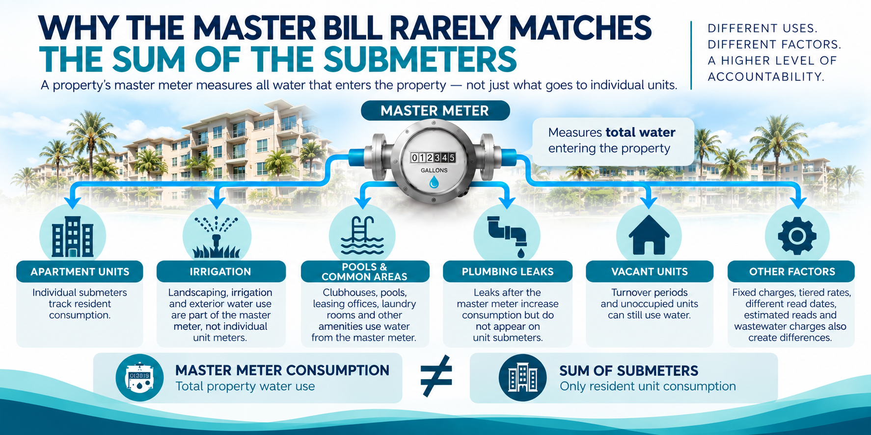 Multifamily water reconciliation diagram showing why master meter consumption differs from submeter totals due to irrigation, common areas, leaks, vacant units, and other water use.