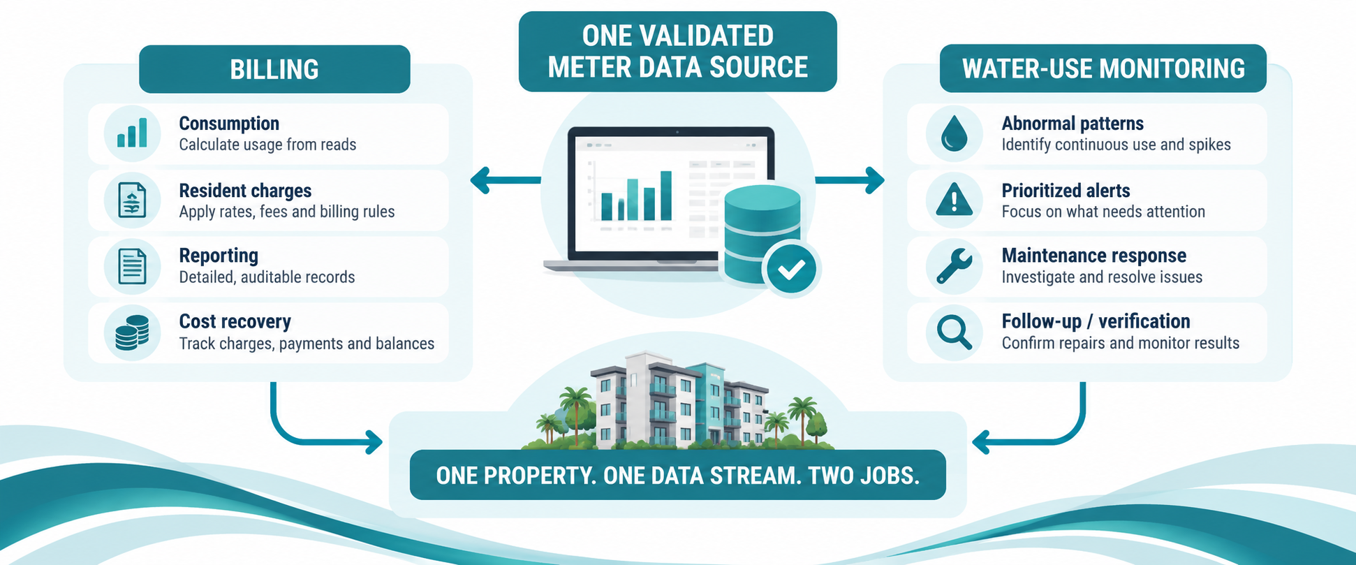 Validated multifamily water meter data supporting resident billing, cost recovery, abnormal water-use monitoring, maintenance response and repair verification.