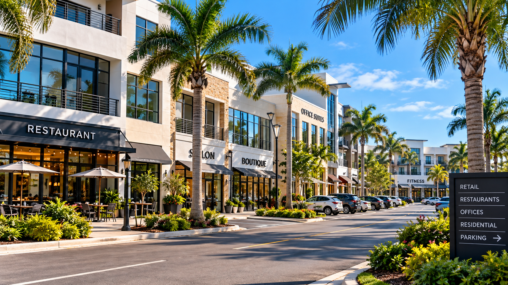 Commercial and mixed-use property in South Florida with retail, restaurant, office, and residential spaces served by IMR Billing Services.