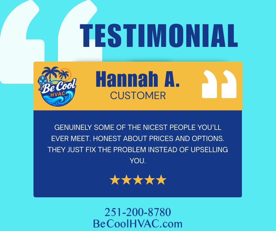 5 star AC company review in Foley, AL praising Be Cool HVAC for their honesty and competitive pricing.