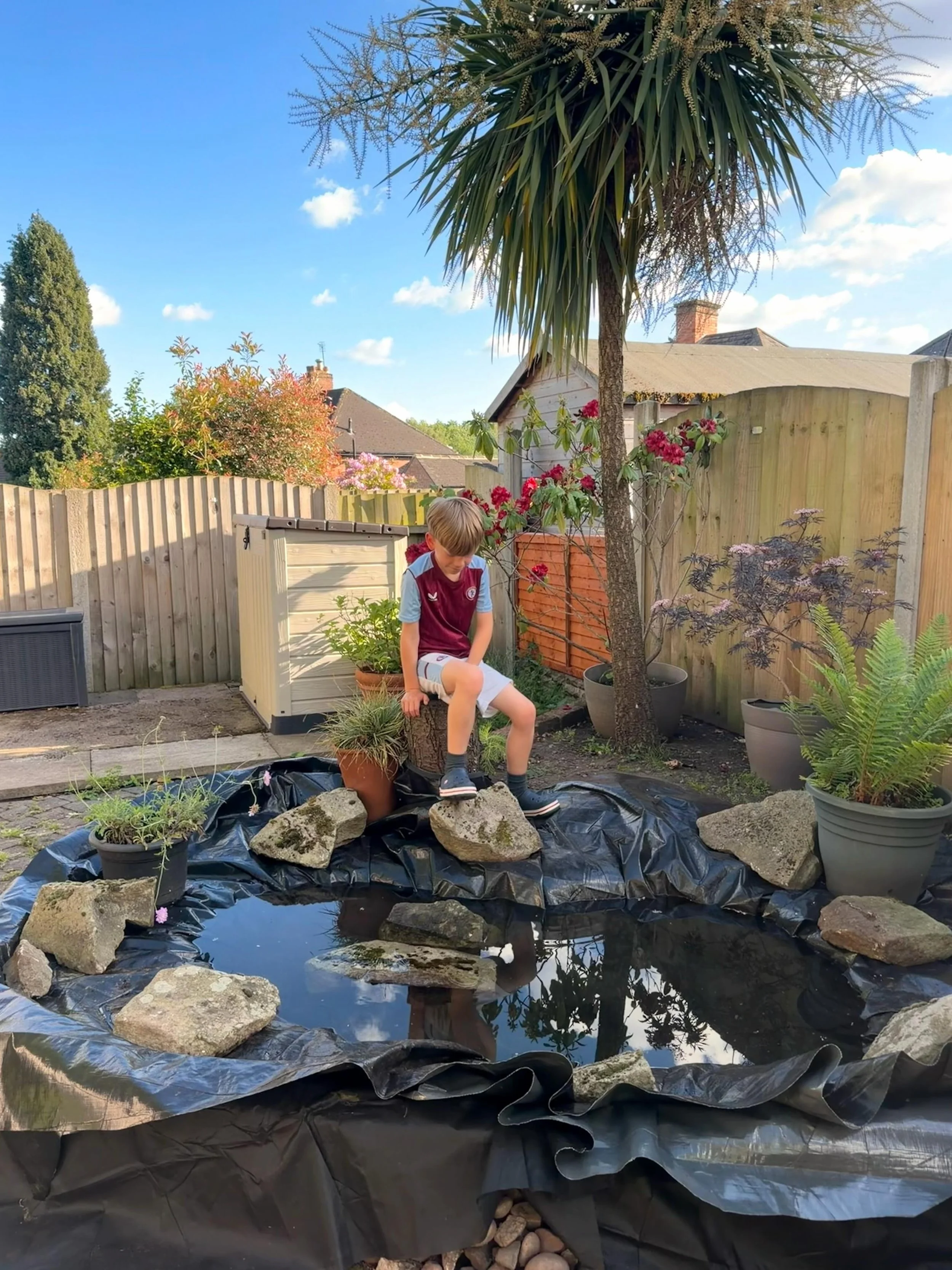 Wildlife pond is taking shape. Got the rocks today and put them into position although we&rsquo;ll need to move them to cut off the excess liner at some point. Then it&rsquo;s smaller stones and pond plants, then hopefully some wildlife 🐸 🪰 🪳🦇🦎?