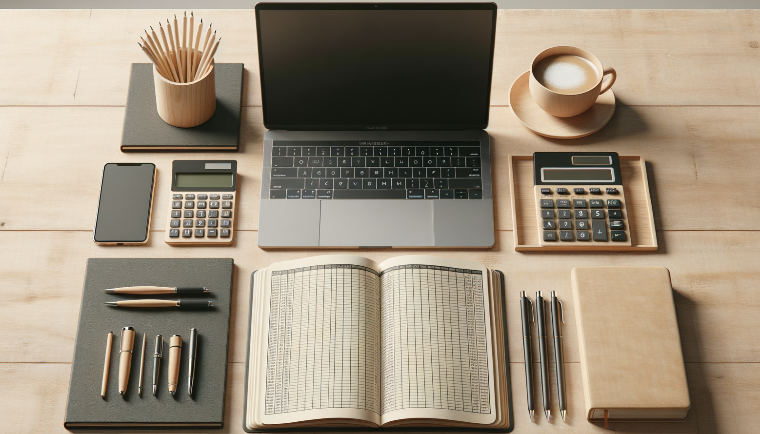 A desk with a laptop, smartphone, calculator, notebook, pens, a cup of coffee, and office supplies on a wooden surface.