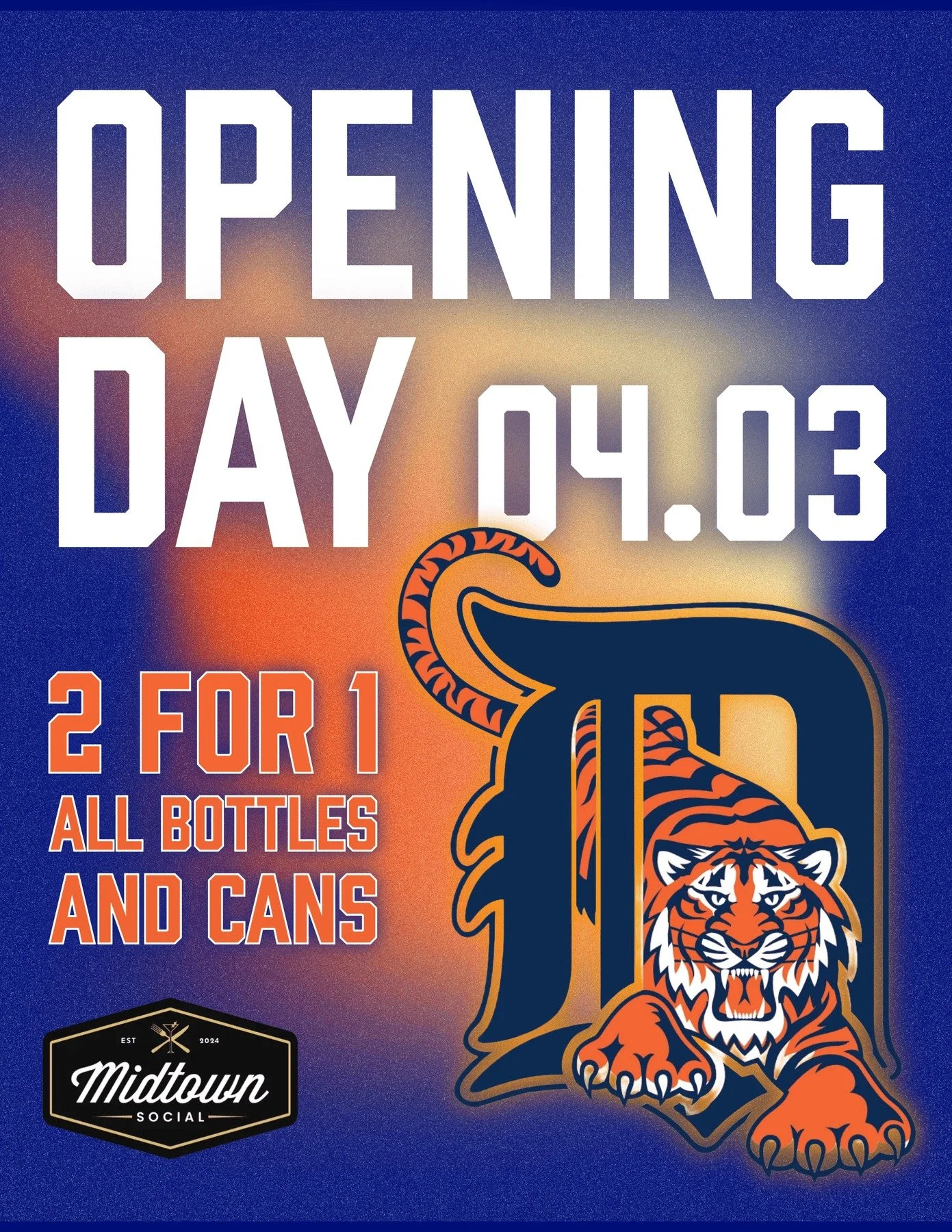It's OPENING DAY Detroit! Celebrate with 2 for 1 Bottles &amp; Cans before and during the early afternoon game. 
This is for you, Tiger's fans&mdash;kickoff Ball Game season at Midtown Social! ⚾️ 🍻

Open 9am - 9pm &bull; Located in Midtown, Detroit 