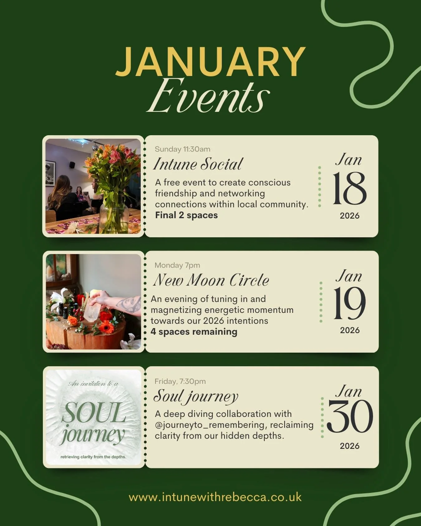 All that is in store this Jan 🦋🫀✨

Some super charged spaces to bring you clarity, connection and clearing 🌀

Deep dives, might hearted socials and clarifying circles - which will you pick? ⬇️