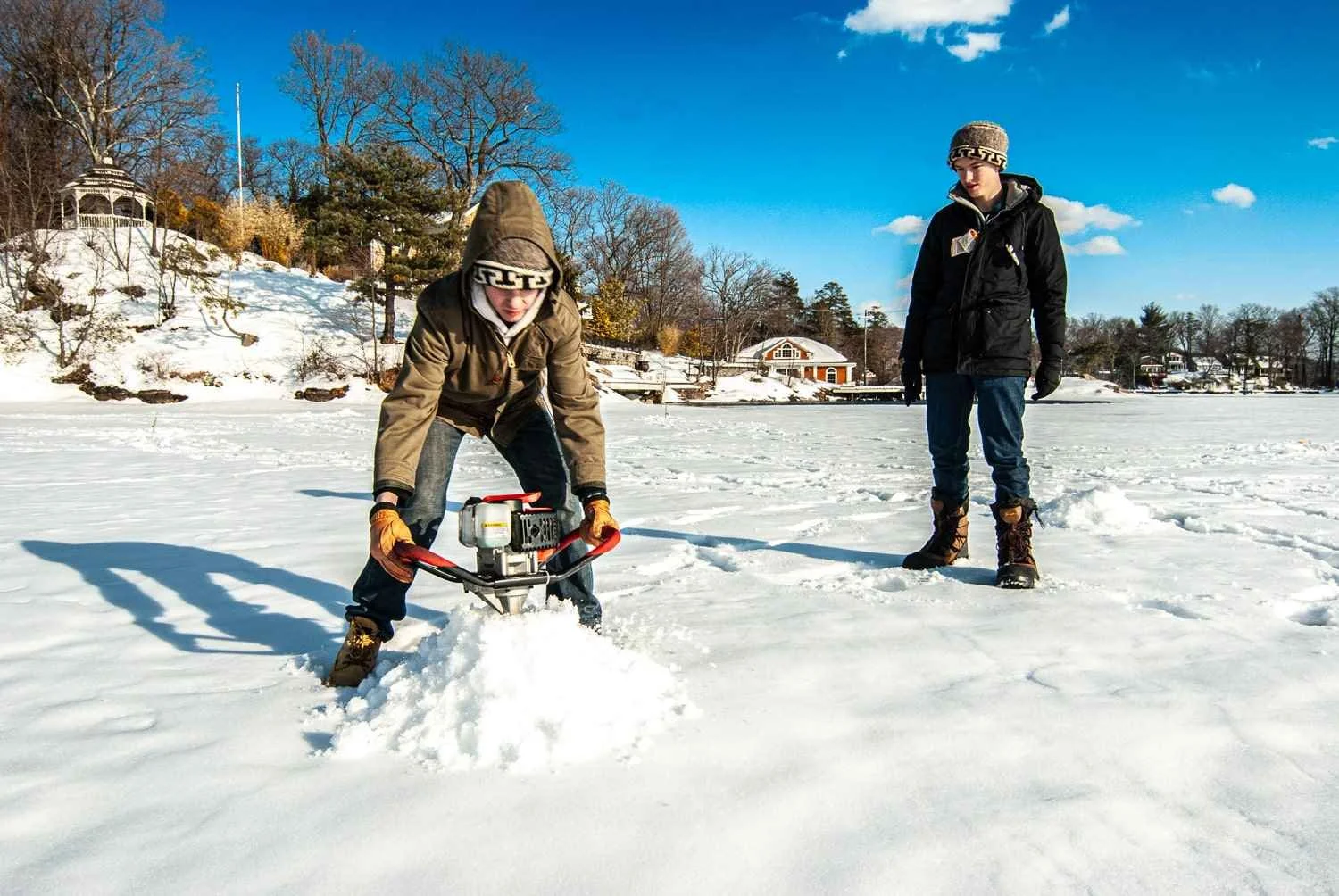 Cutting 26 inches of ice late in the season at Lake Hopatcong.