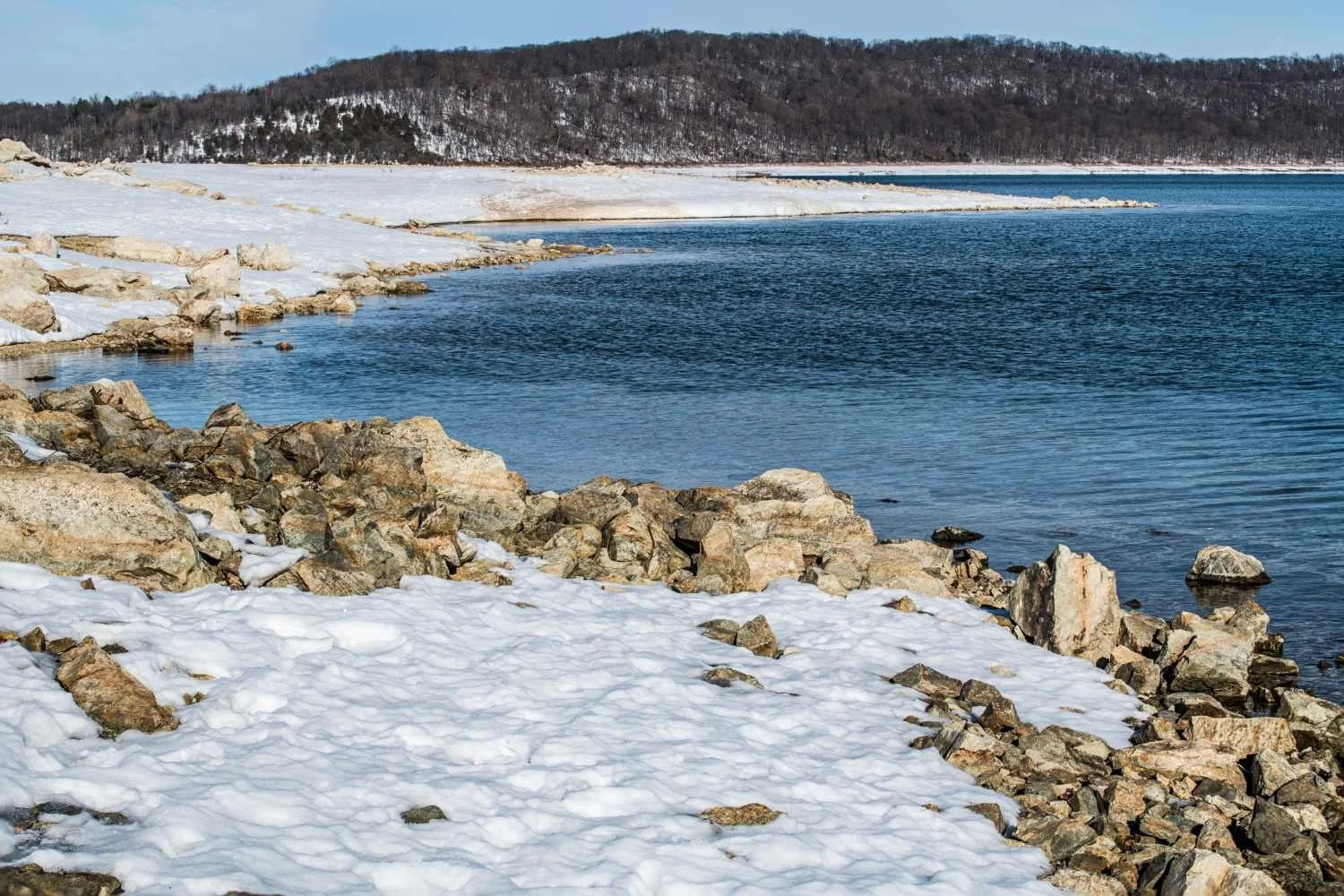 Round Valley Reservoir stacked image with snow.