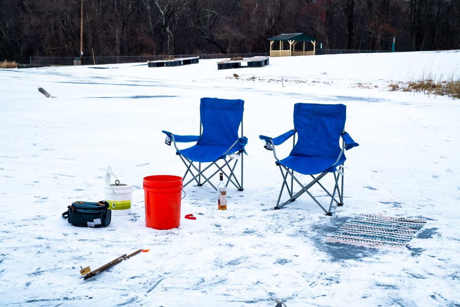 Foldout chairs are great for ice fishing.