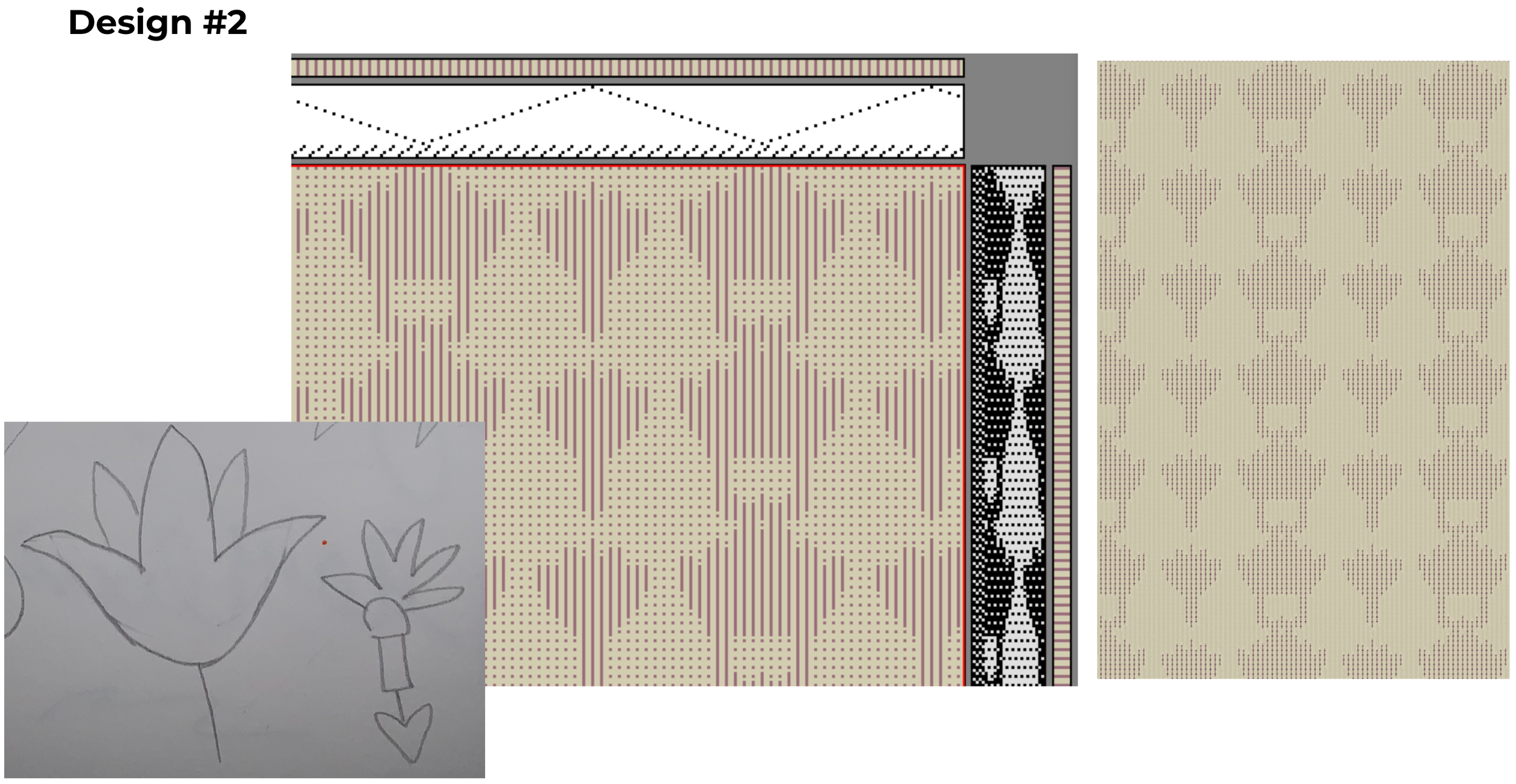 inspo image (left) weaving draft (middle) full pattern (right)