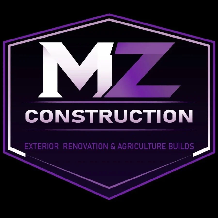 A logo for MZ Construction featuring a geometric shield shape with purple and white text on a black background. The company specializes in exterior renovation and agriculture buildings.