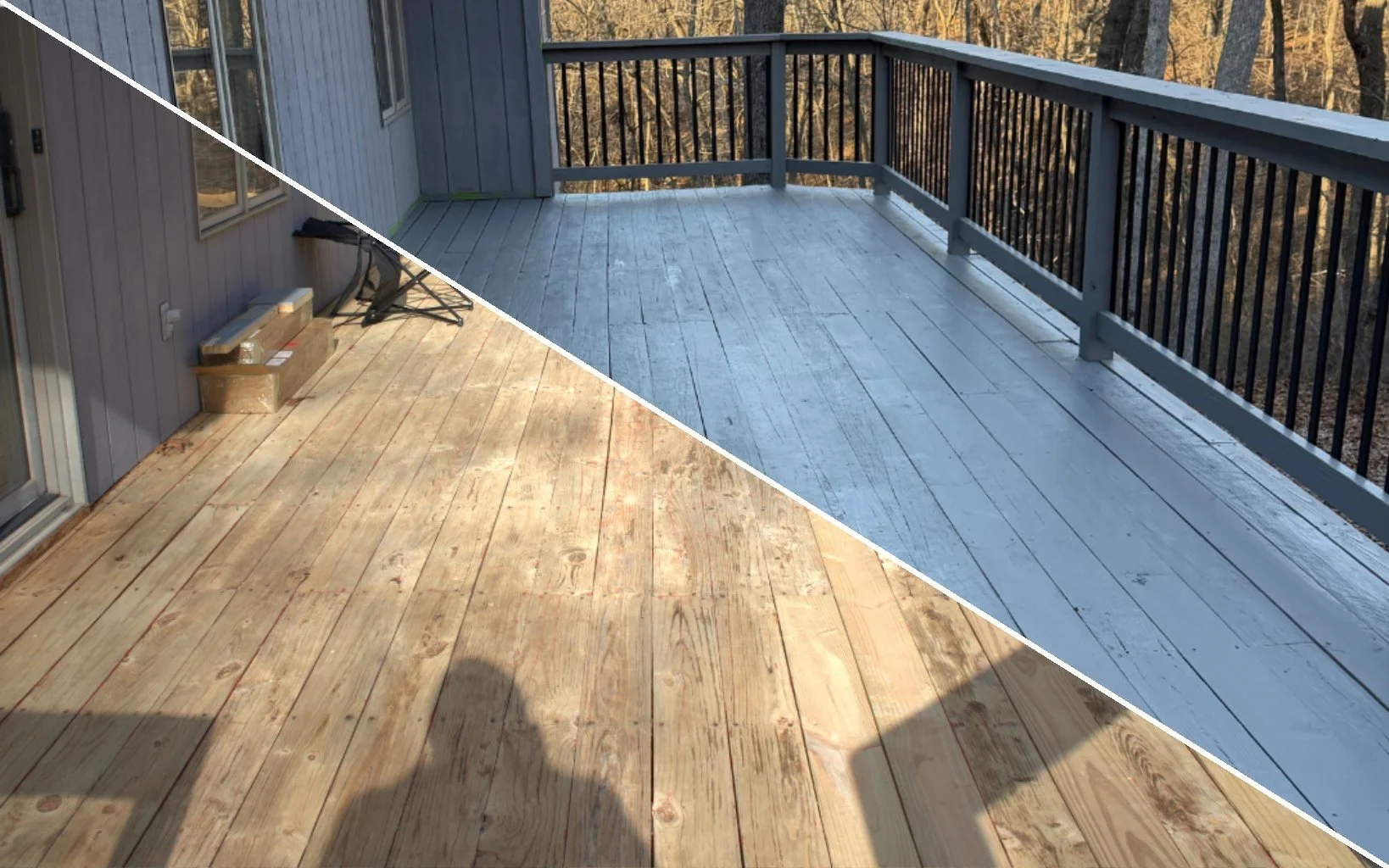 Comparison of a wooden deck before and after painting, showing the transformation from a natural wood finish to a grey painted surface.