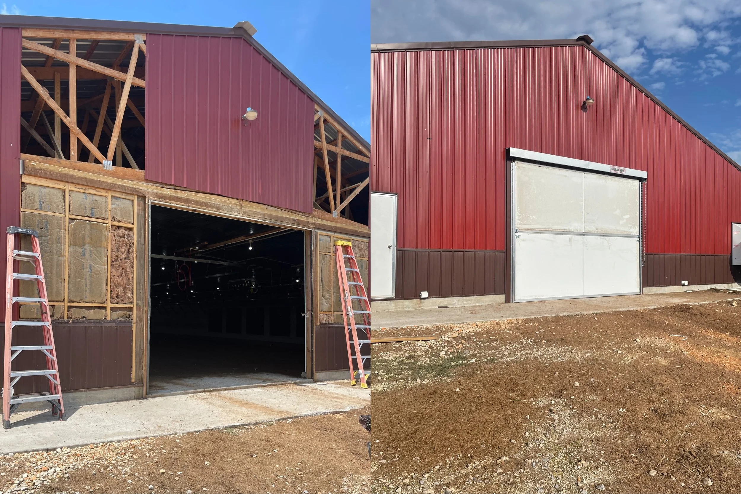 Comparison of construction progress on a red barn, with the left side showing the barn under construction and the right side showing the finished barn with a closed garage door